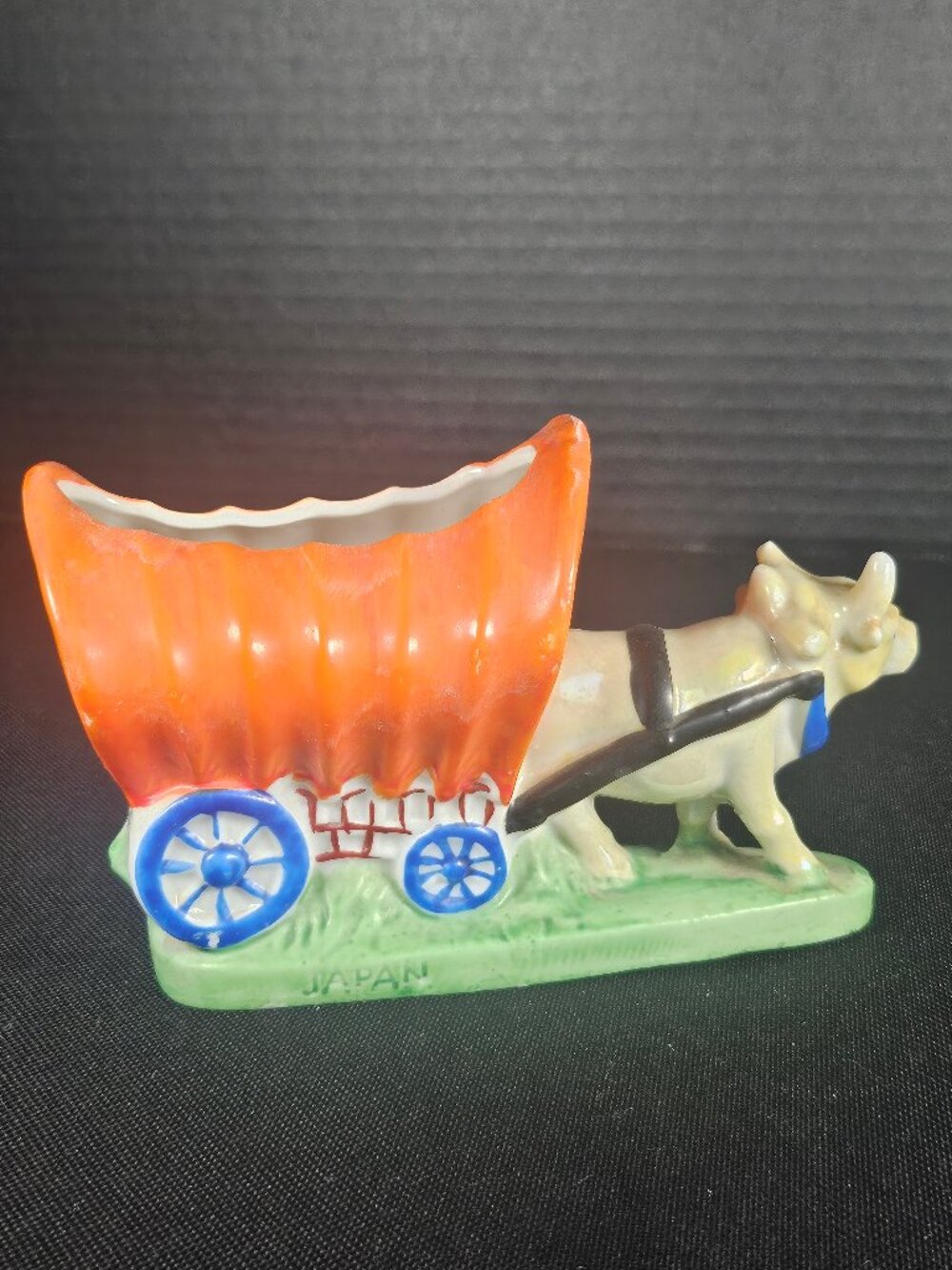 Mid Century Japan Ceramic Conestoga Covered Wagon Planter With Ox Orange & Blue